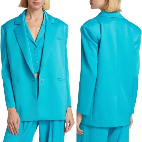 Alice + Olivia Shan Solid Oversized Satin Blazer - Ocean Blue - Size 4 - Picture 3 of 15